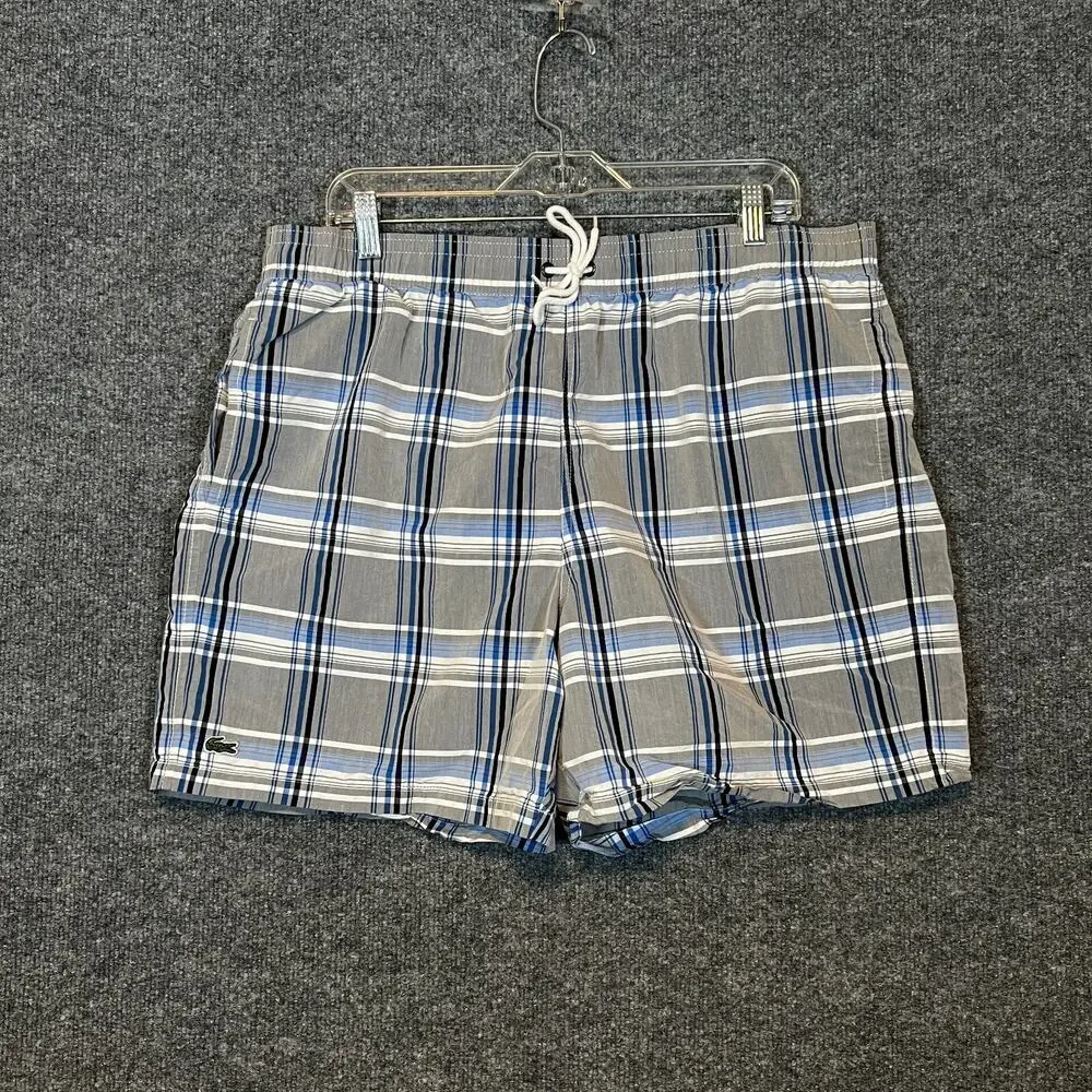 Lacoste Swim Trunks Mens XL Gray Blue Plaid Board Shorts‎ Croc Beach Surf